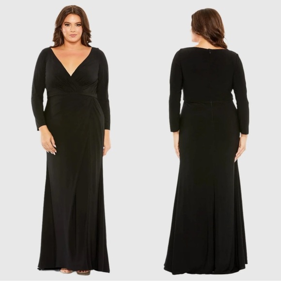 NWT‎ Mac Duggal Black Long Sleeve V-Neck Faux Wrap Gown - Picture 1 of 7